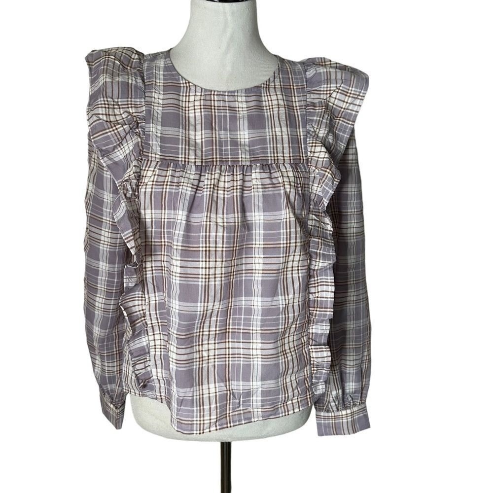 LOFT Cottagecore Plaid Ruffle Blouse Statement Shoulder Cropped S Lavender Multi
